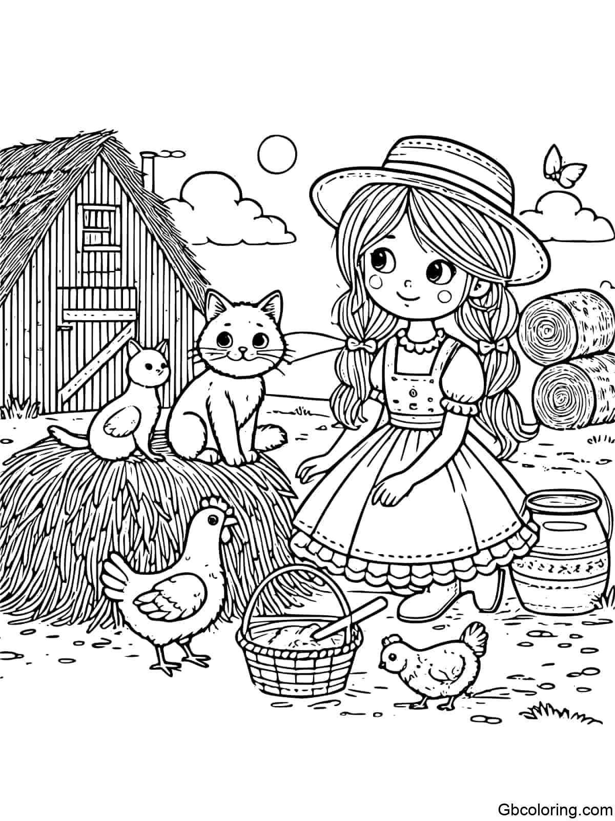 Coloring page Girl feeding chickens and cat sitting on a haystack