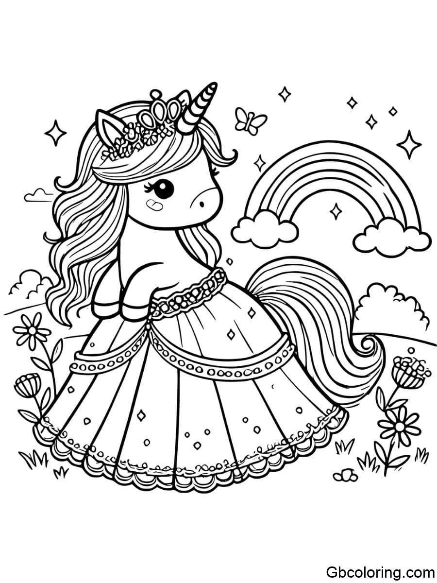 Princess Unicorn Gown And Rainbow Coloring Pages