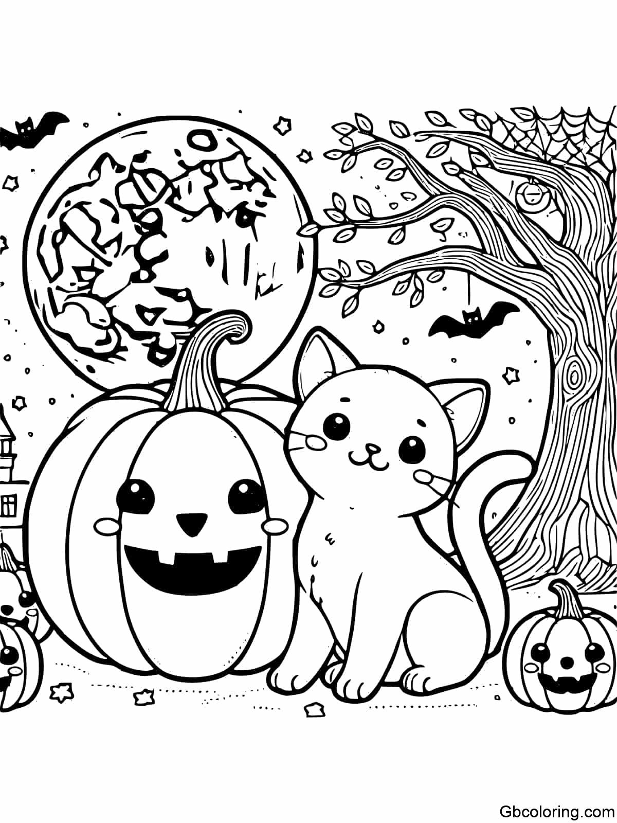 Halloween cats with a pumpkin and spooky background for children