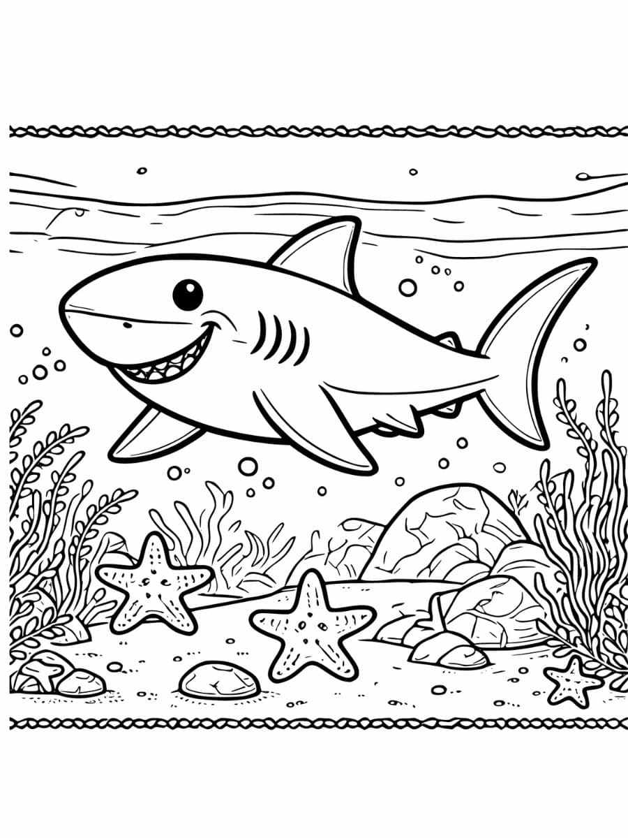 Coloring page of Happy Shark With Starfish