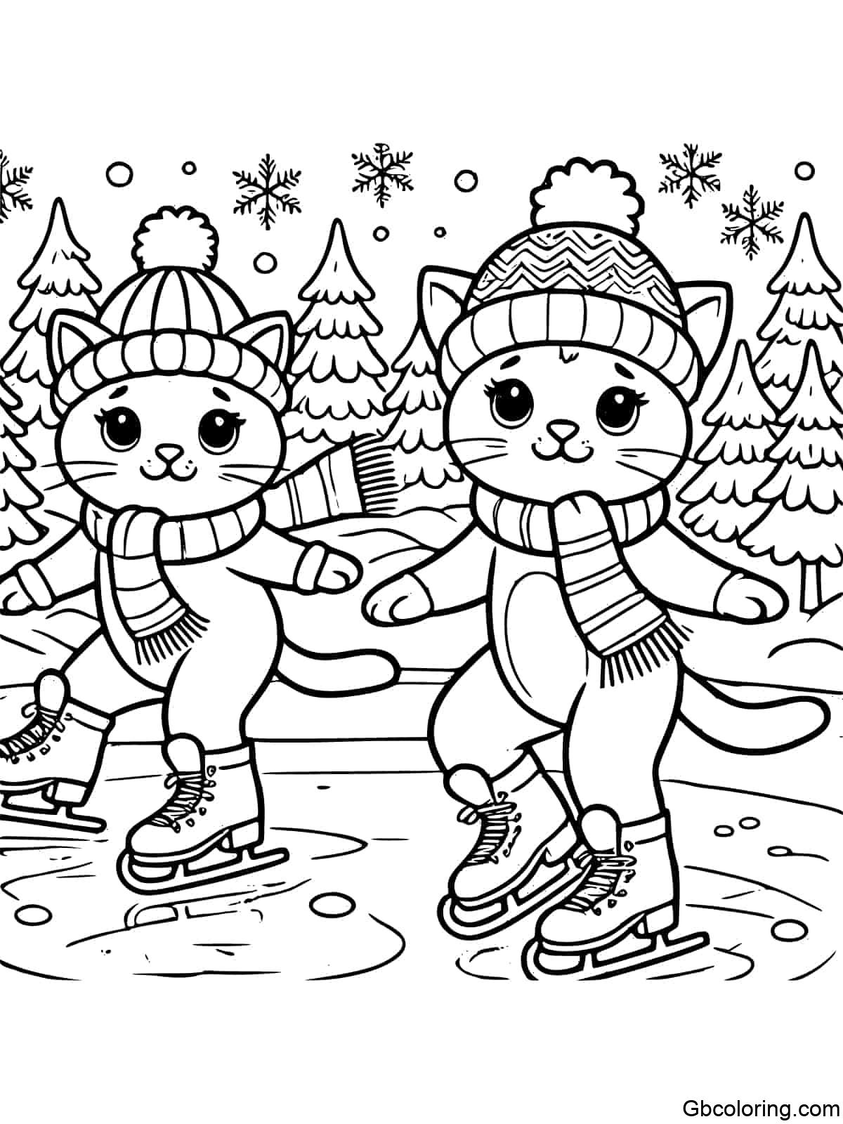 Cats ice skating on a frozen pond in winter for kids to color