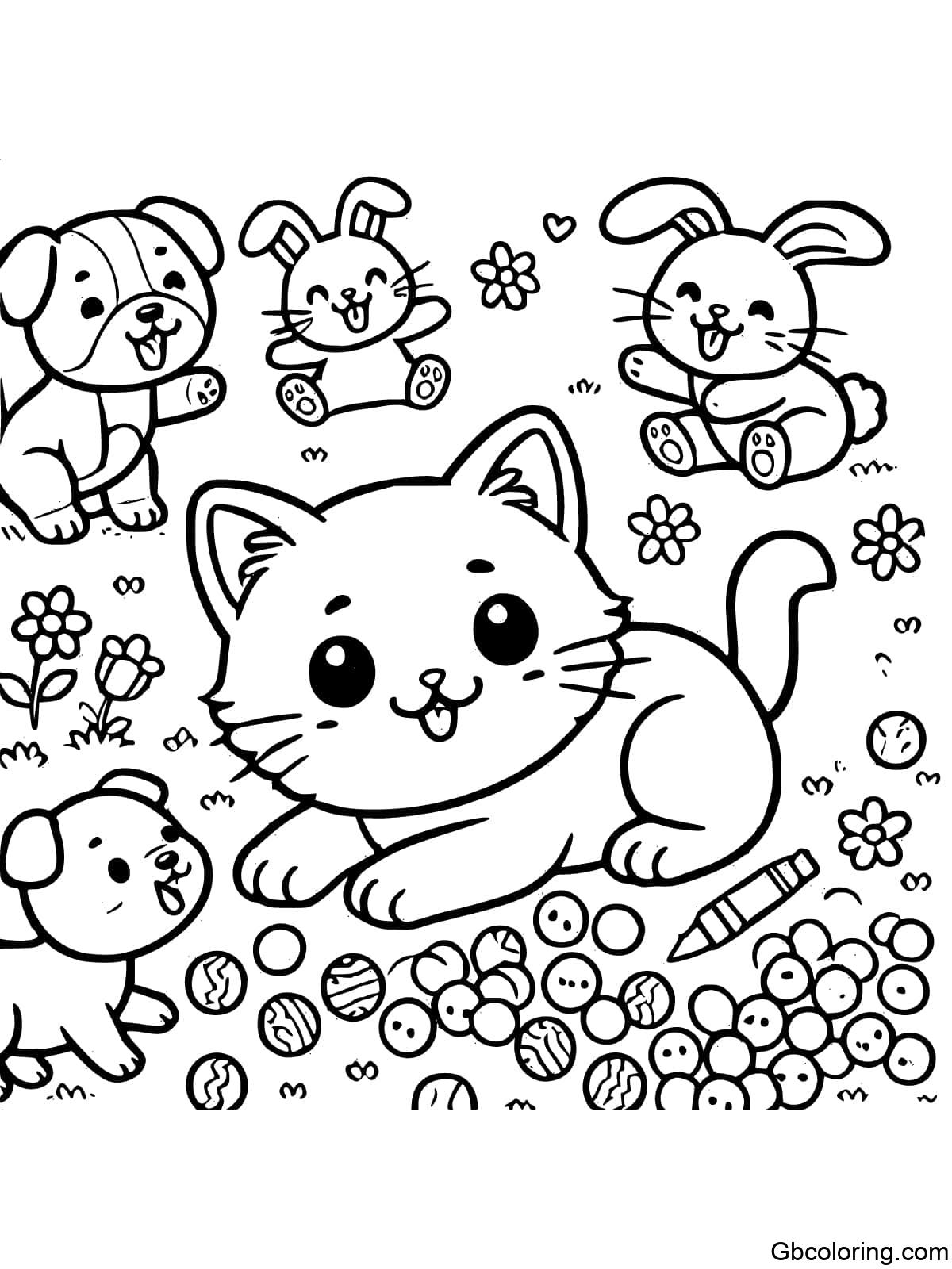 Kitty playing with a dog and a bunny