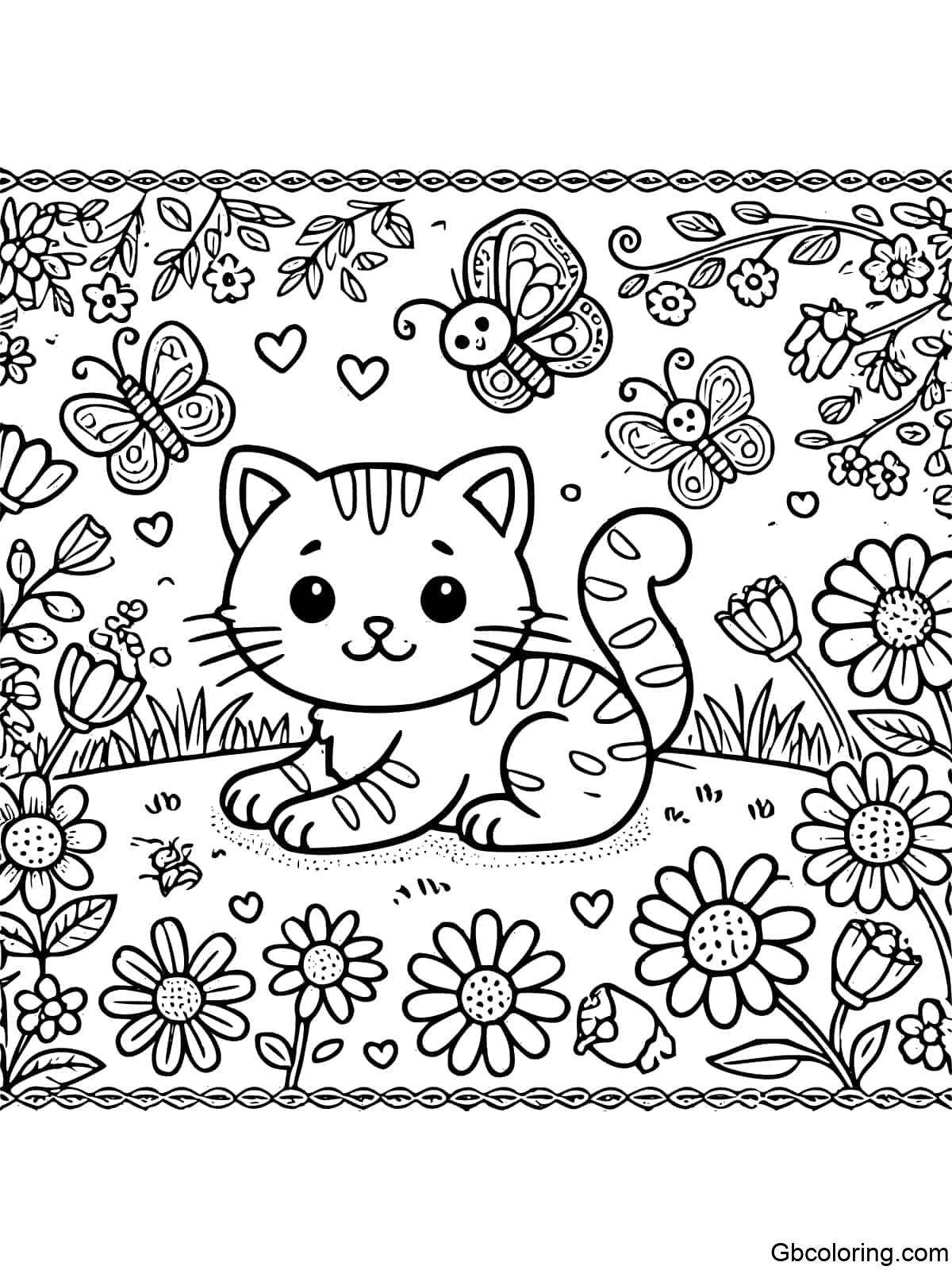 Kitty playing in a garden with flowers and butterflies