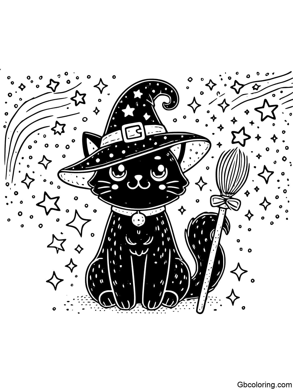 Black cat wearing a witch's hat surrounded by magical sparkles