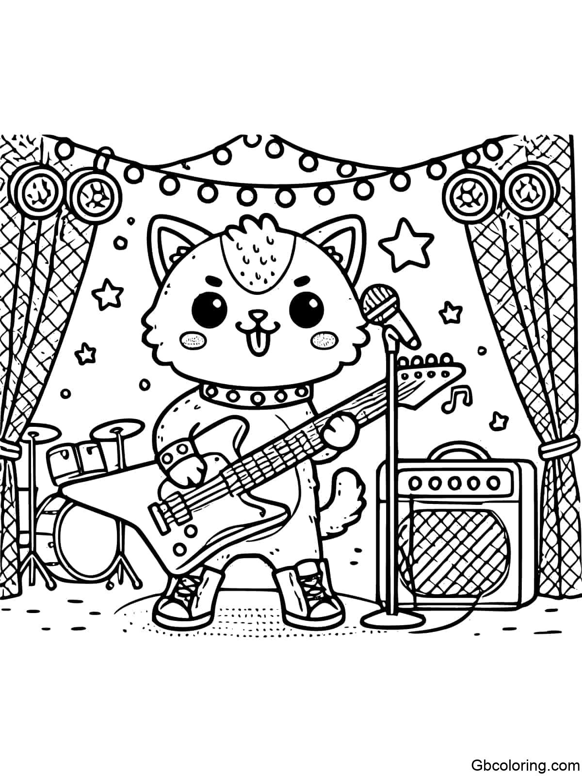 A simple rockstar cat coloring page for kids, showing a cat playing an electric guitar on stage