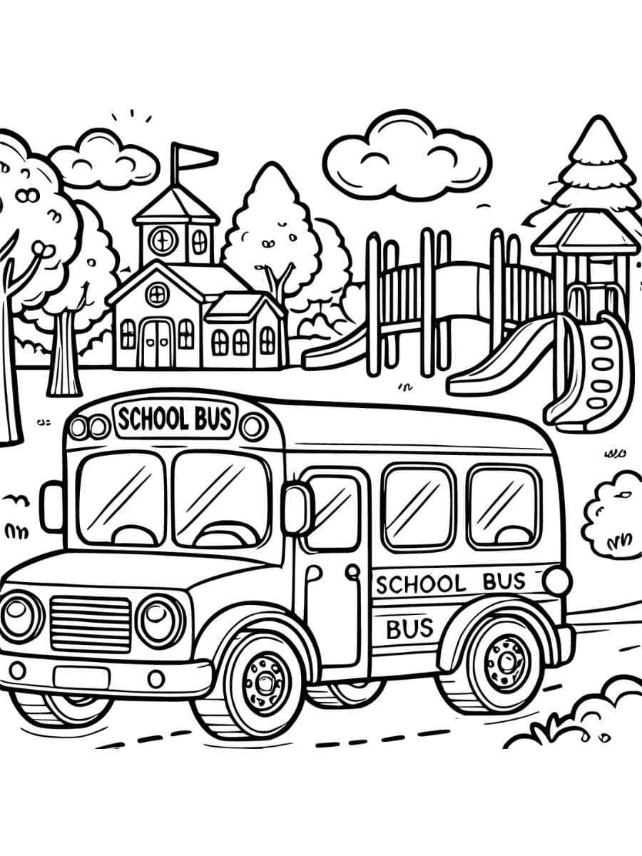 Coloring page of school bus driving through park with playground