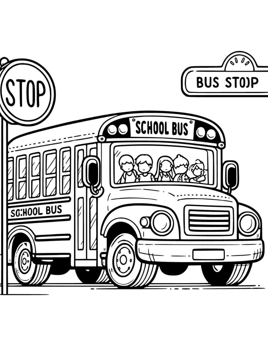 Coloring page of school bus picking up children at bus stop