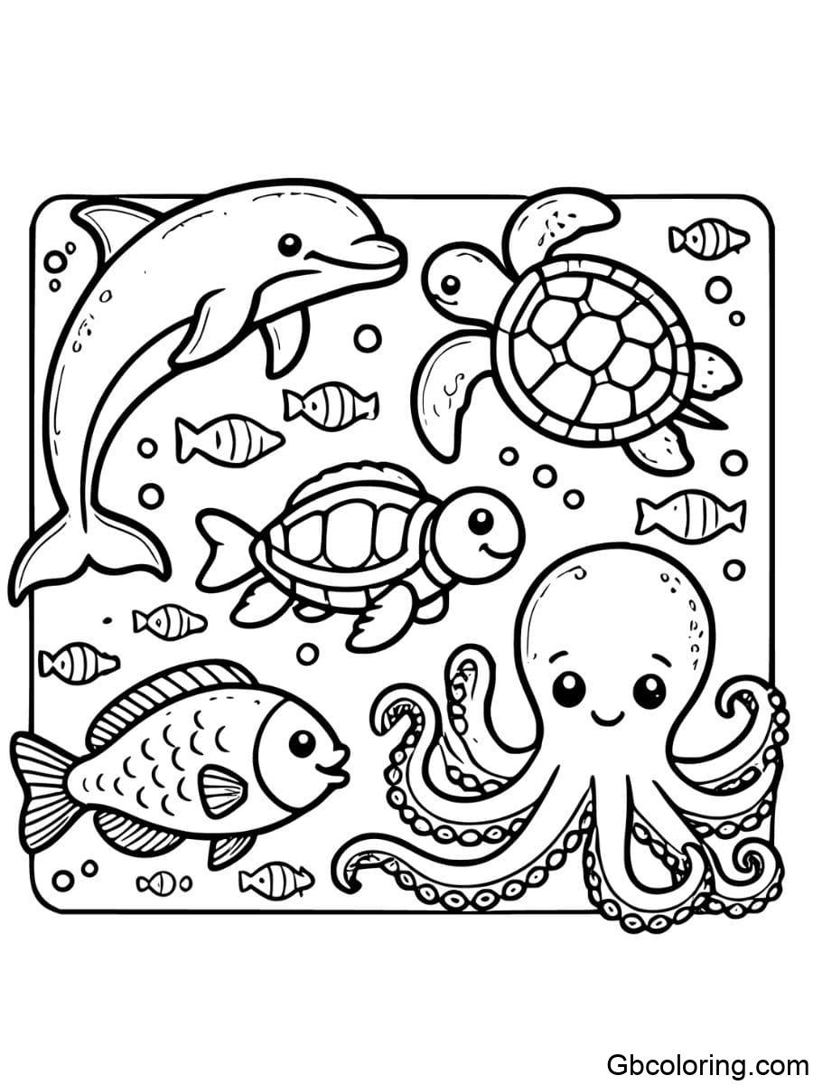 sea animals group coloring page