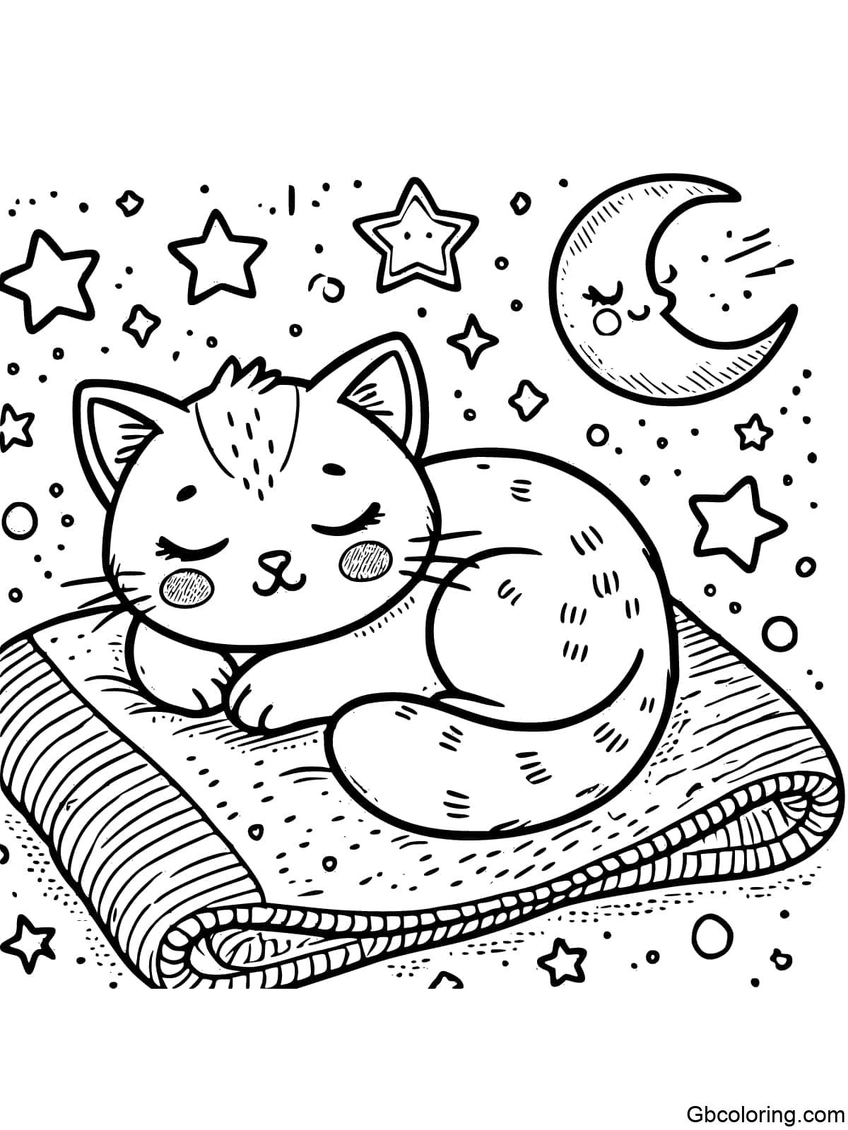 A simple and easy-to-color drawing of a cute cat sleeping on a blanket with stars and moons in the background.