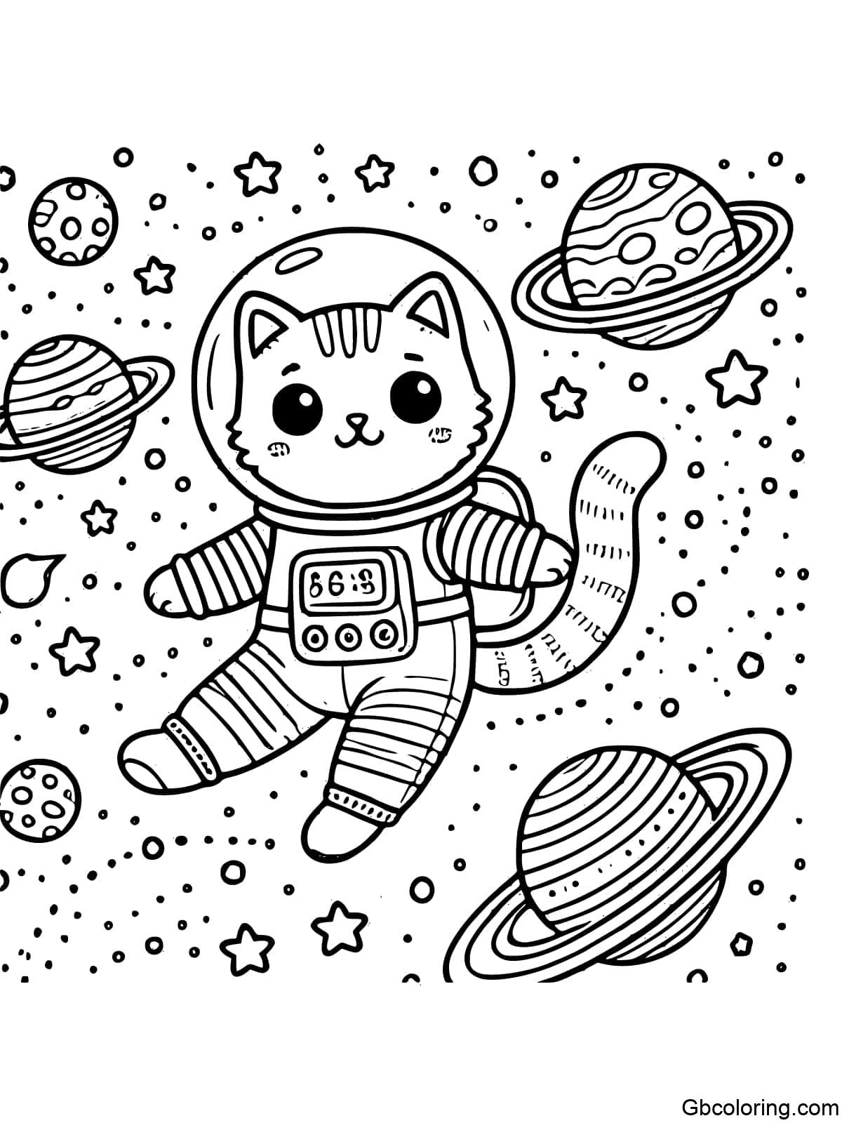 A simple and easy-to-color drawing of a cute cat in a spacesuit floating in space with planets and stars.