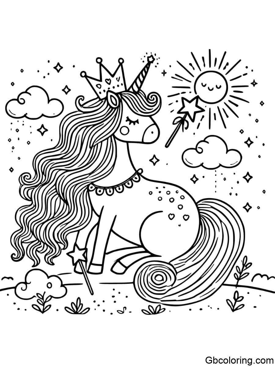 Princess Unicorn Star Wand Sky Coloring Pages