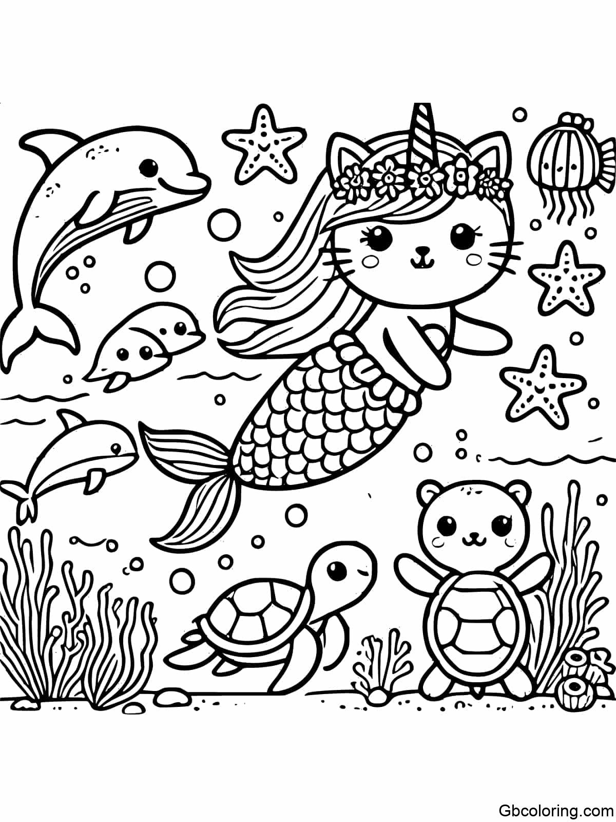 A Unicorn Cat Mermaid swimming with sea creature friends