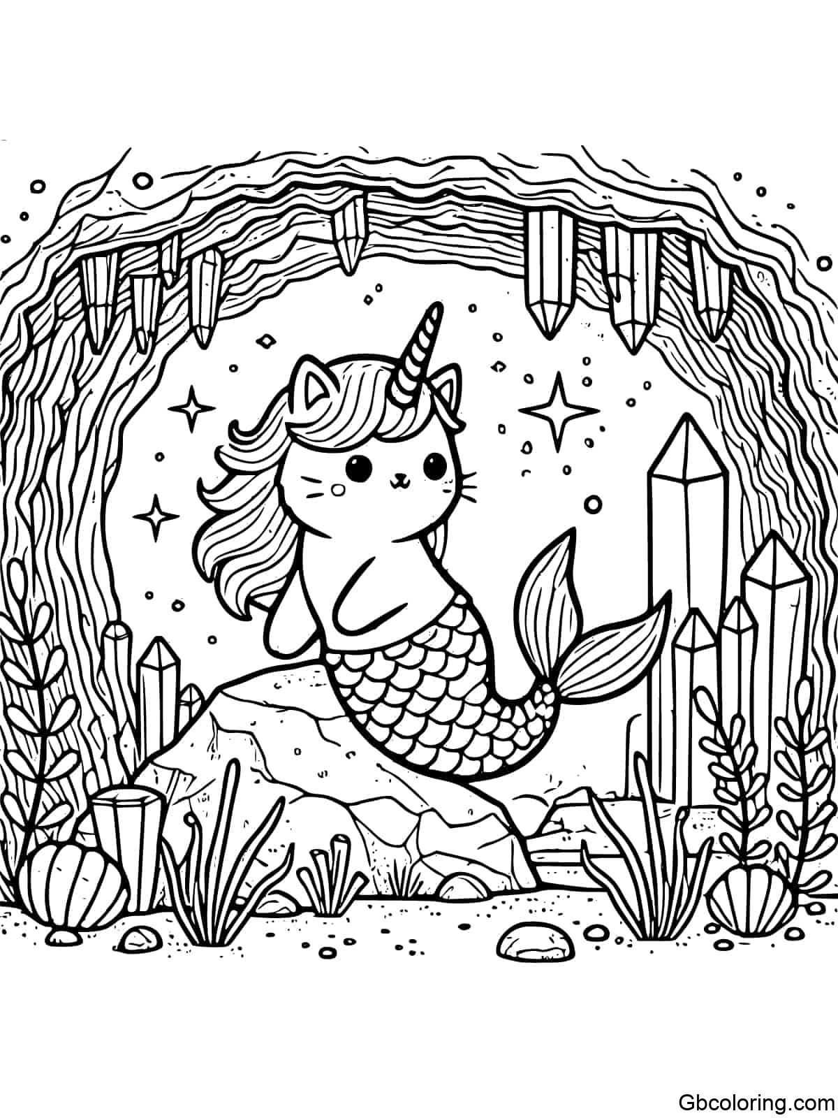 A Unicorn Cat Mermaid exploring a mysterious glowing cave