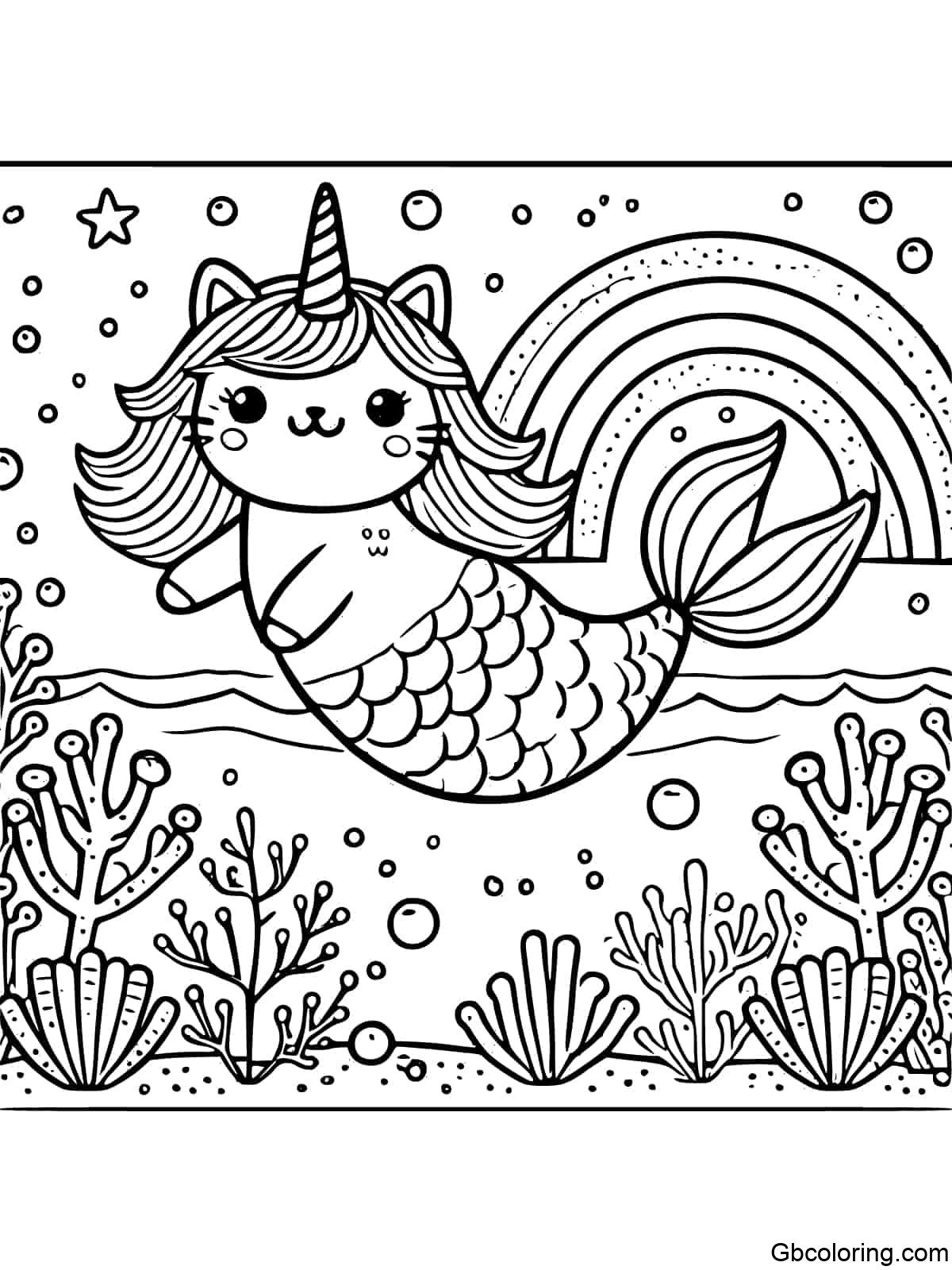 A Unicorn Cat Mermaid swimming in a rainbow coral garden
