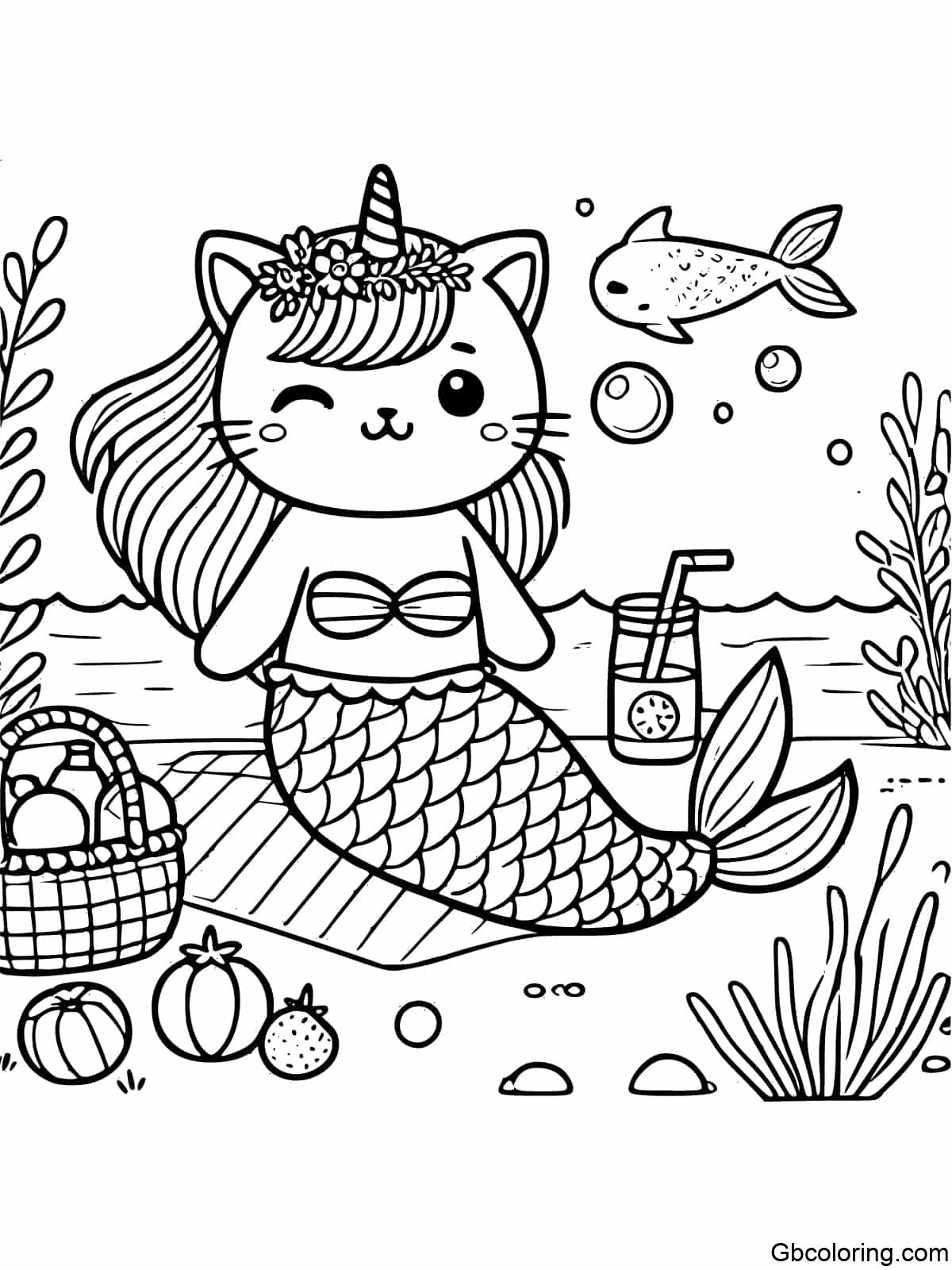 A Unicorn Cat Mermaid having an underwater picnic
