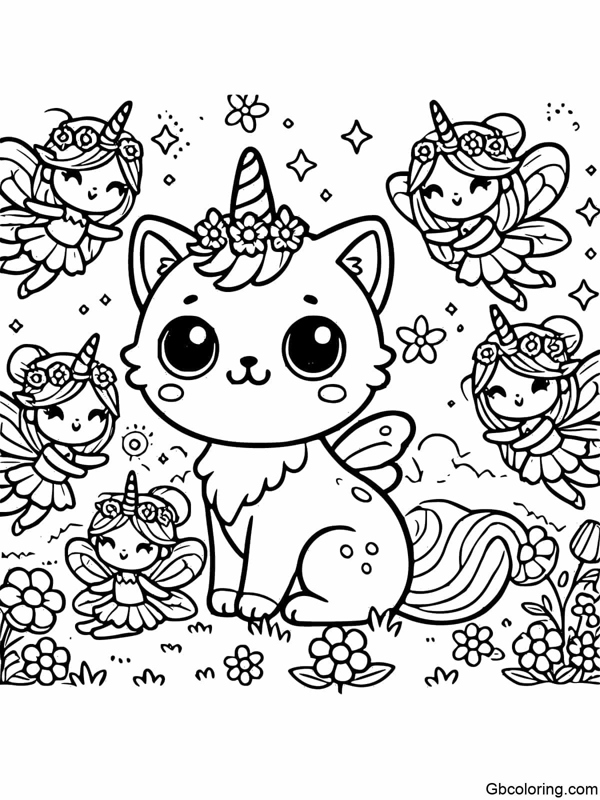 A Unicorn Kawaii Cat with tiny fairy friends in a meadow