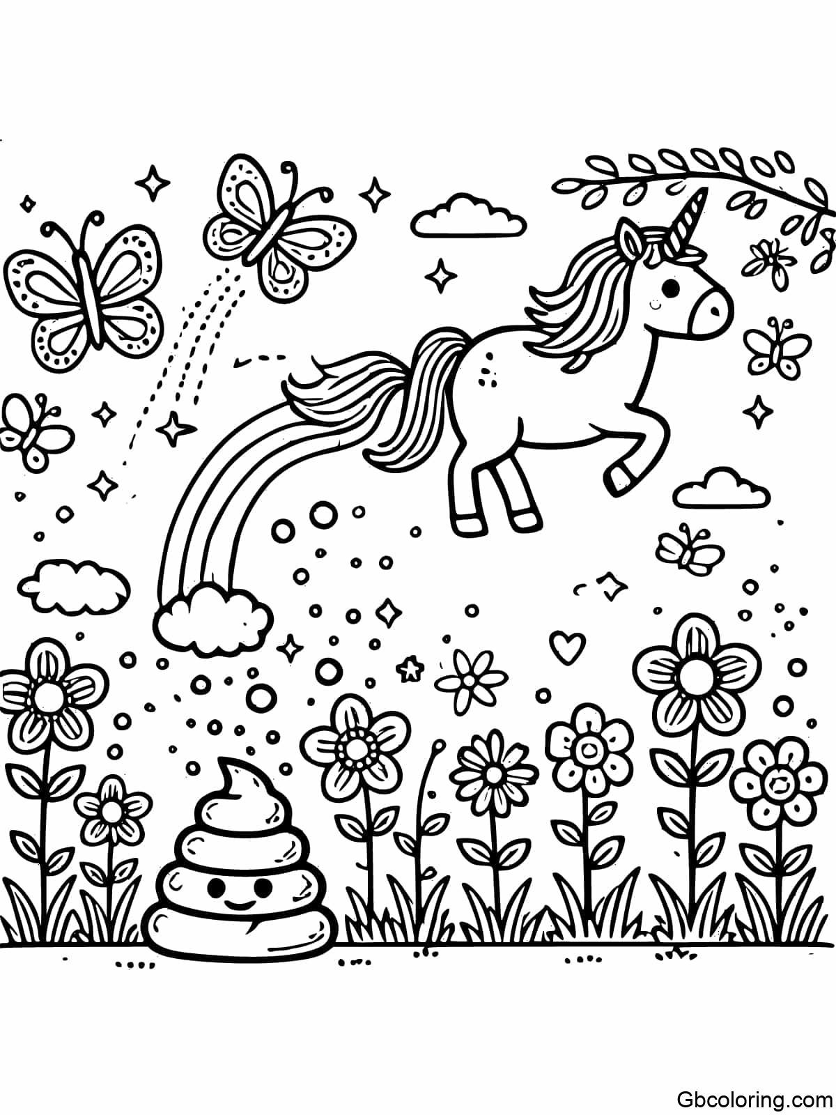 Garden where flowers and plants grow from unicorn poop with butterflies and fairies