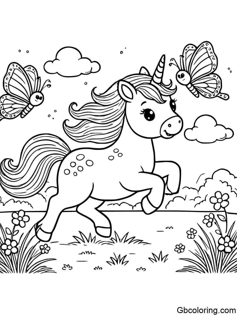 unicorn running with butterflies coloring pages