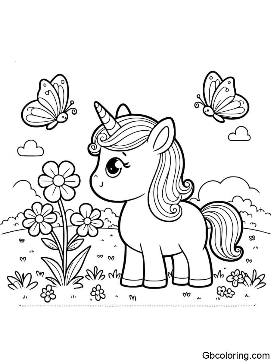 unicorn with butterfly on nose coloring pages