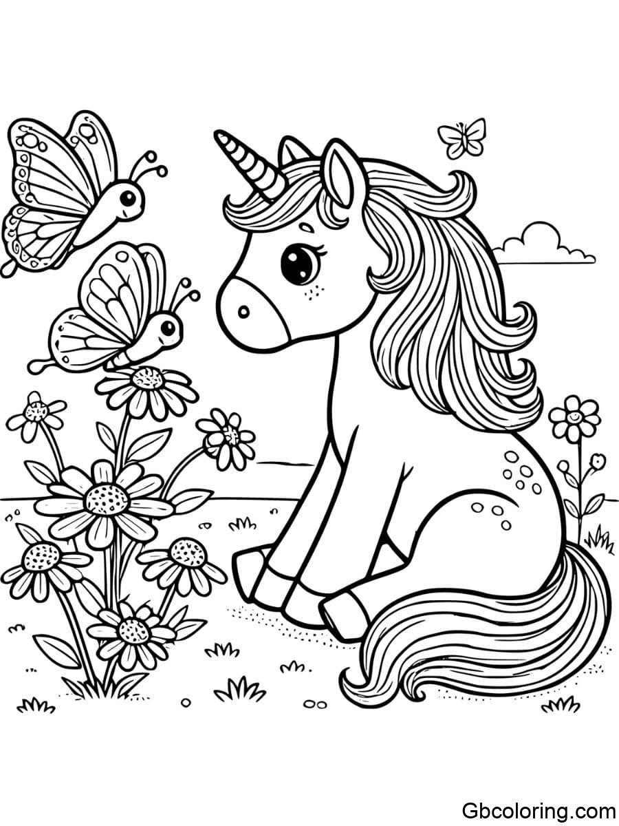 unicorn sitting with butterfly on flower coloring pages