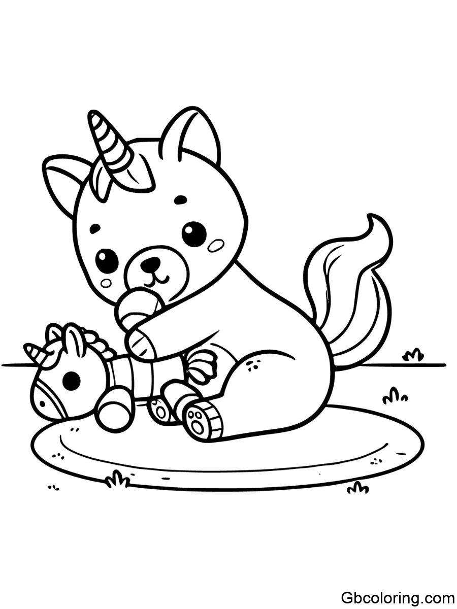 Unicorn dog chewing on a toy coloring pages