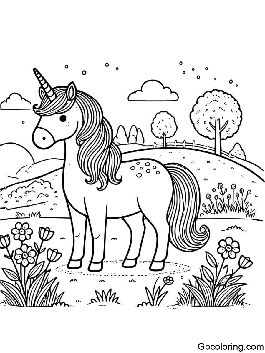 unicorn horse standing in a meadow coloring pages