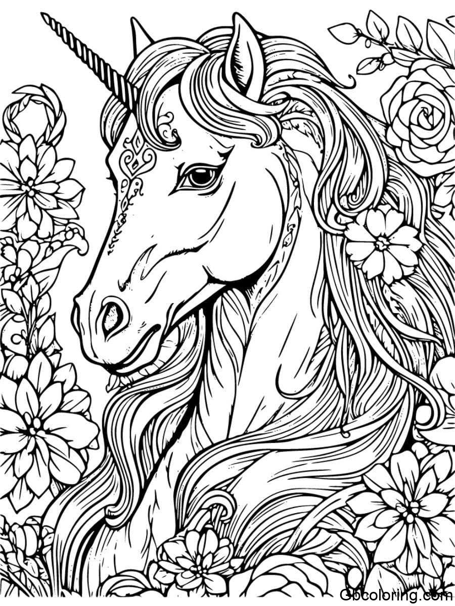 Unicorn coloring pages portrait with roses for adults