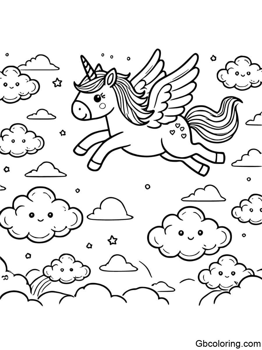 Unicorn with wings flying among fluffy clouds coloring pages