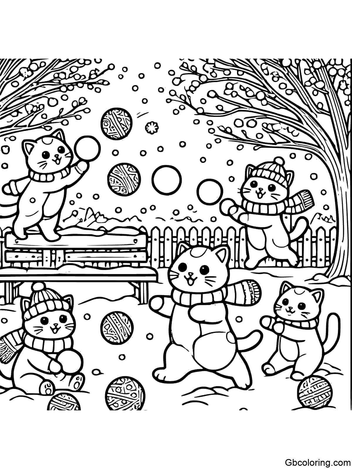 Simple winter cat snowball fight scene for kids to color