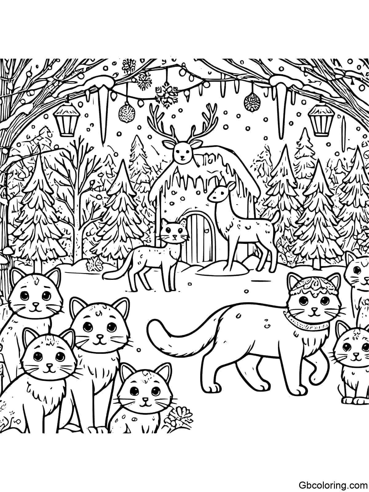 Cats exploring a snowy winter forest for kids to color