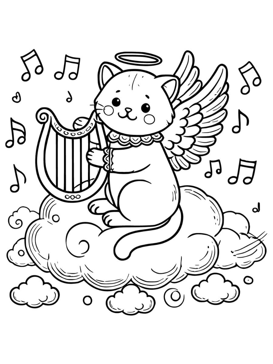 angel cat cloud harp coloring pages