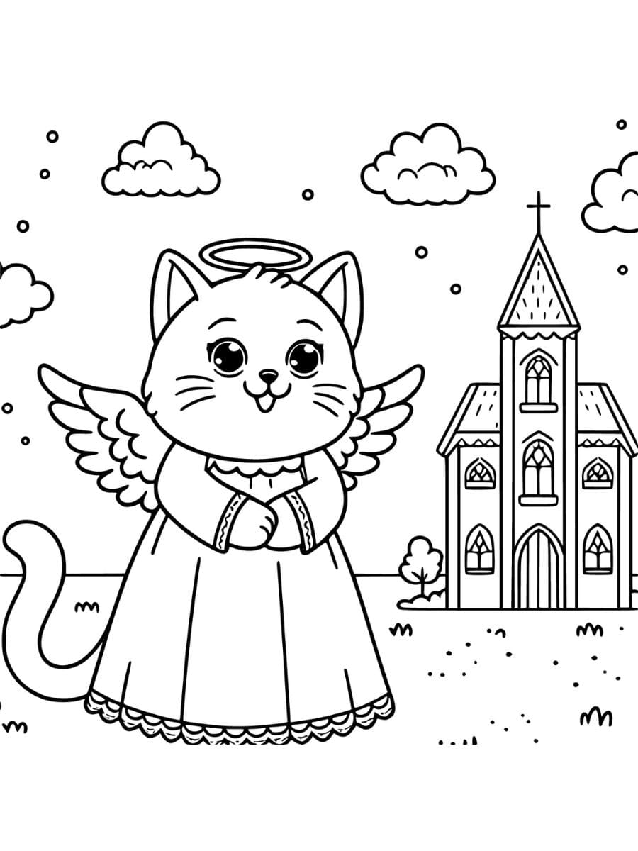 angel cat outside cathedral coloring pages