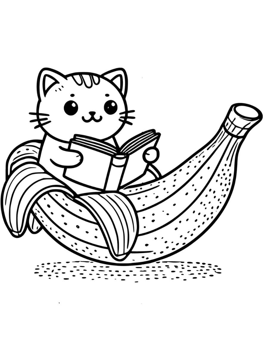 banana cat reading happily coloring pages