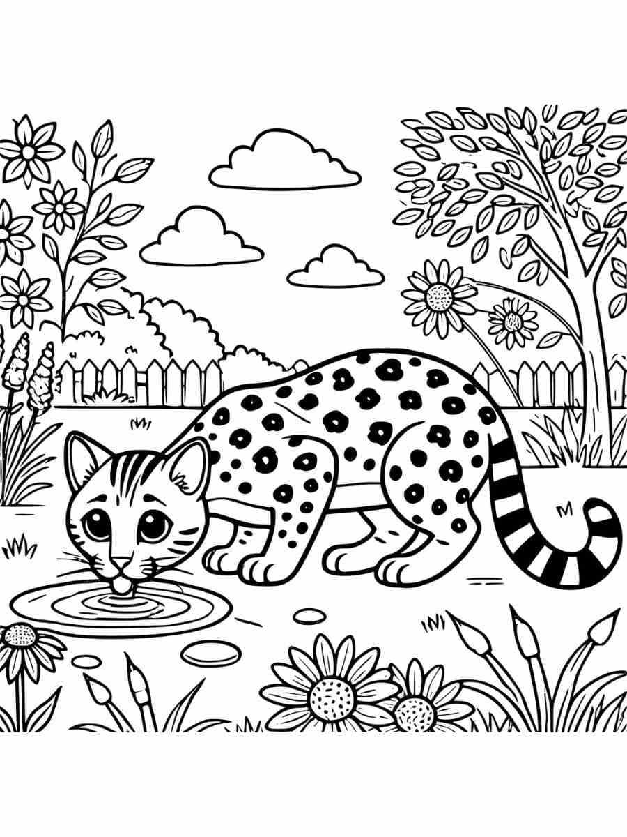 bengal cat drinking from a pond in a garden coloring pages