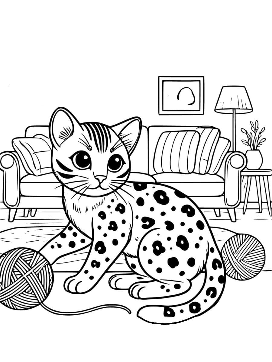 bengal cat playing with yarn in a living room coloring pages