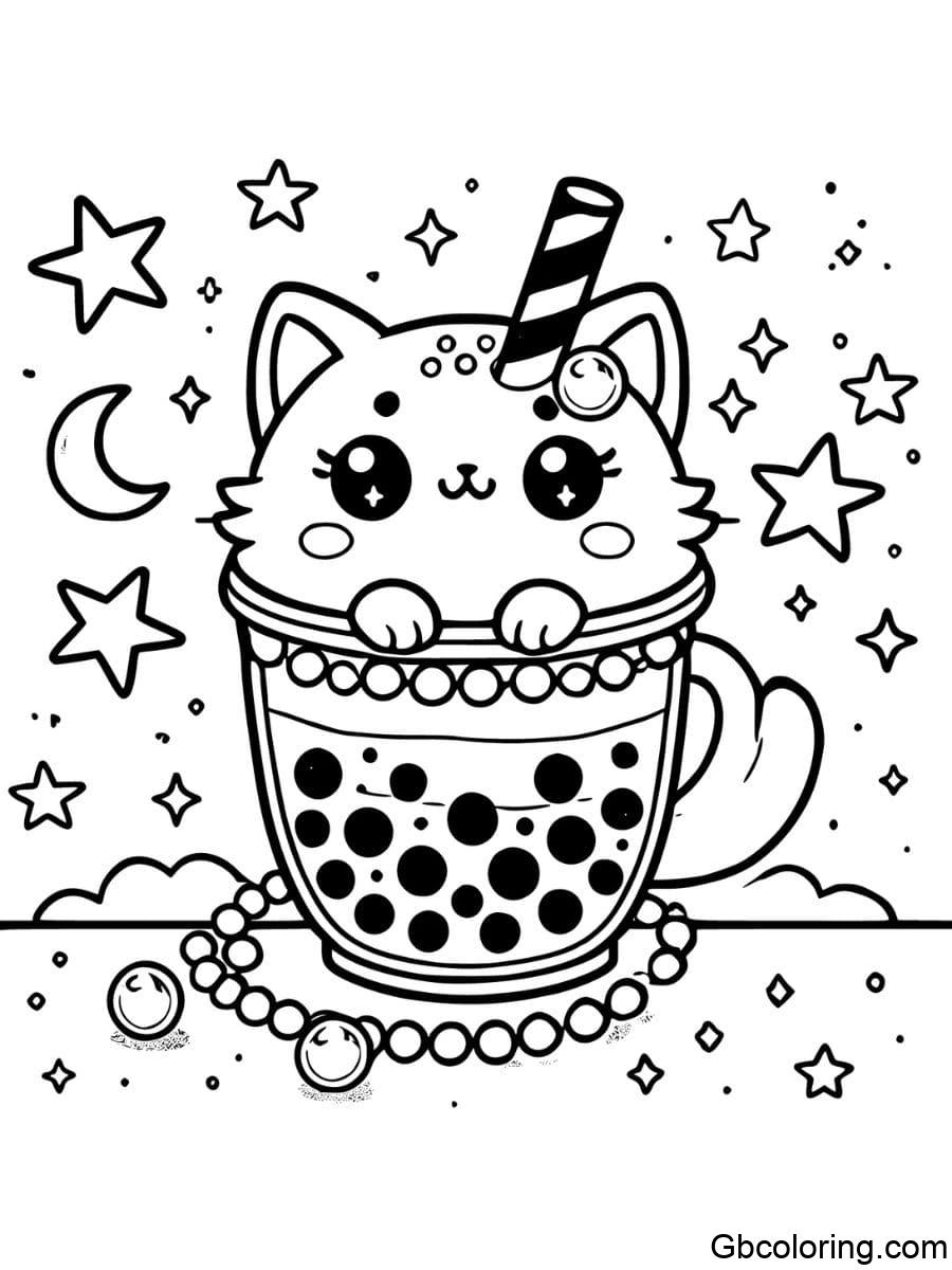 boba cat shaped like boba tea coloring pages