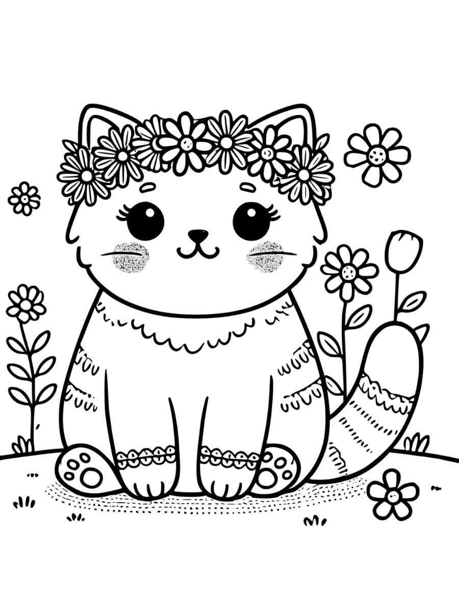 cat wearing a flower crown cat and flower coloring pages