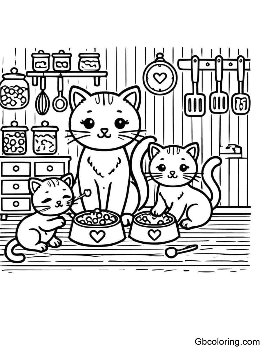 cat family eating together coloring pages