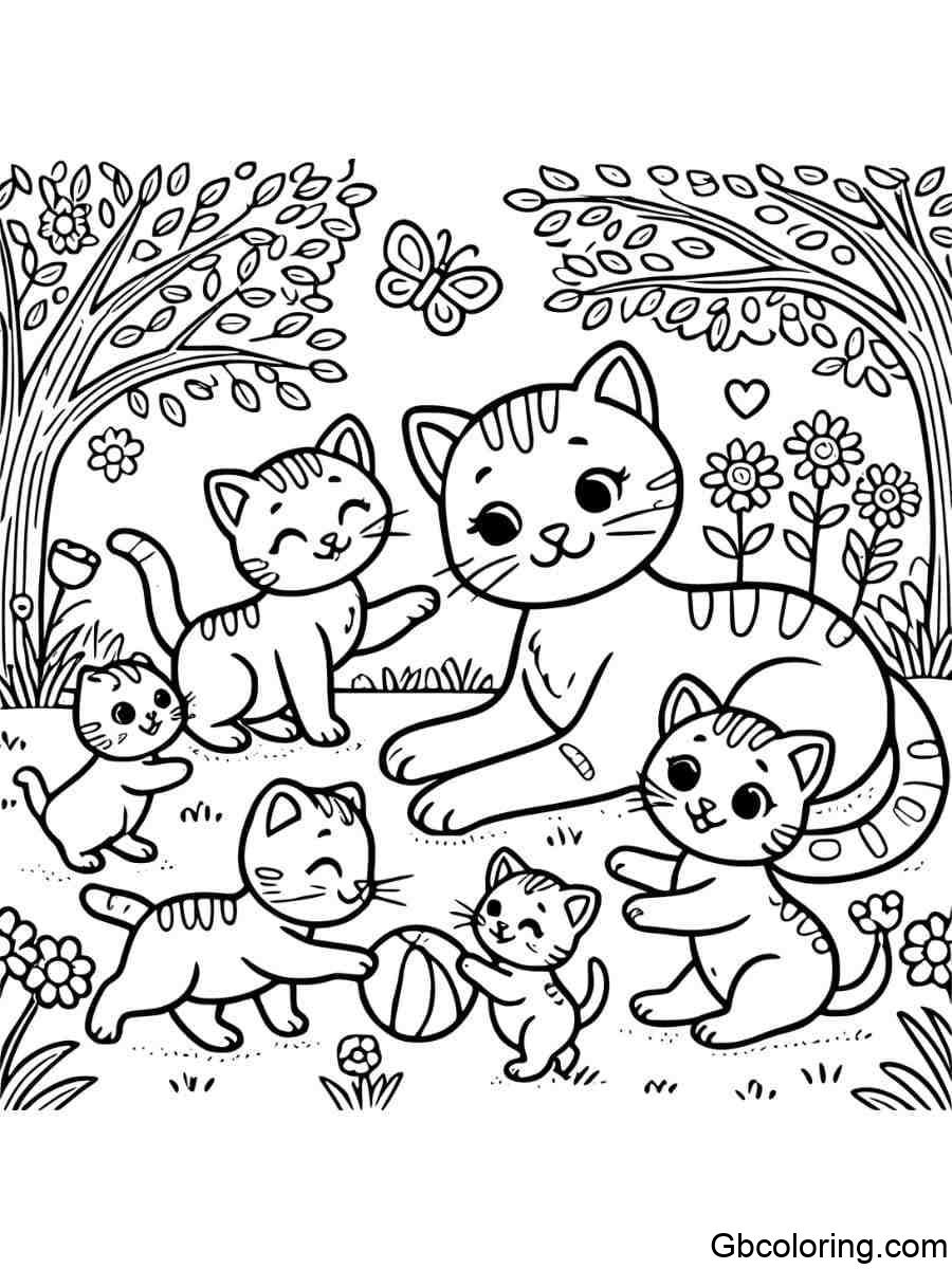 cat family playing in the garden coloring pages