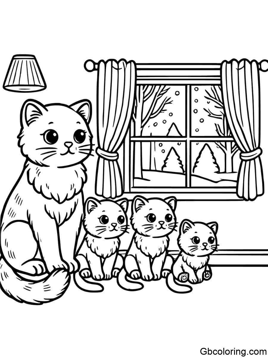 cat family sitting by the window coloring pages