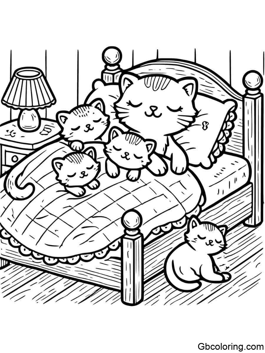 cat family sleeping in bed coloring pages