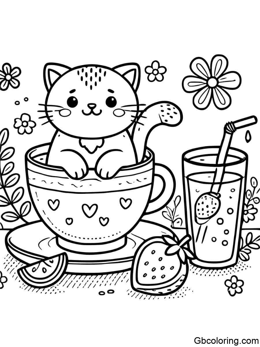 cat in a cup with fruit juice coloring pages