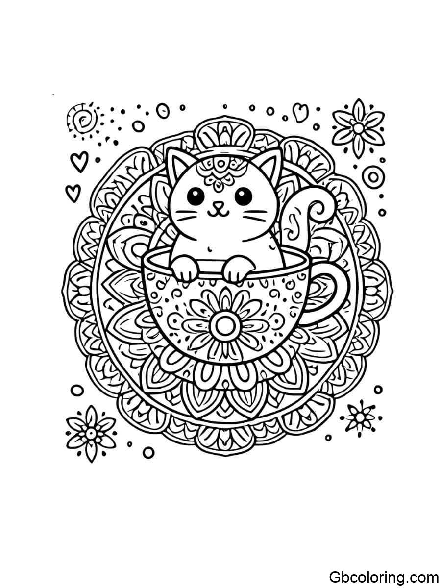 cat in a cup with mandala design coloring pages