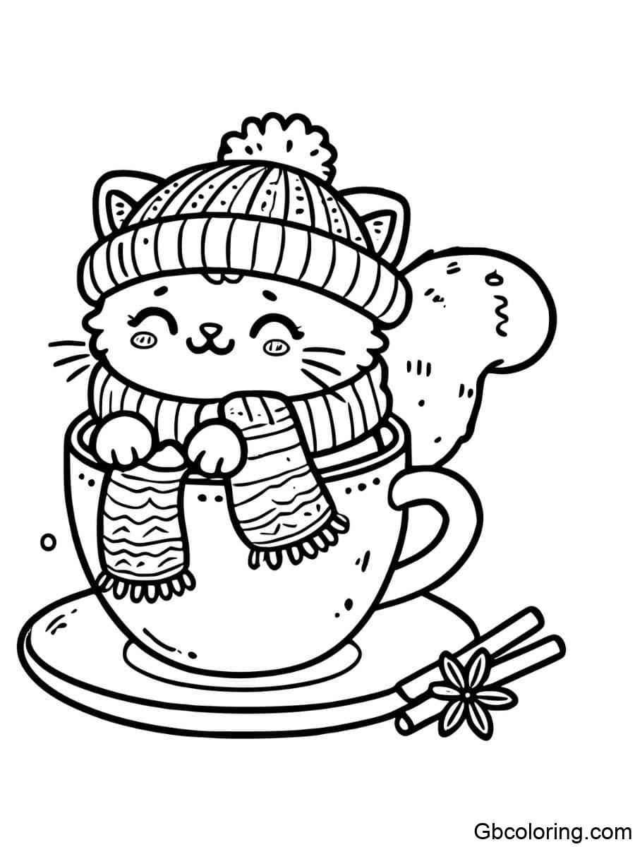 cat in a cup with woolen hat and scarf coloring pages