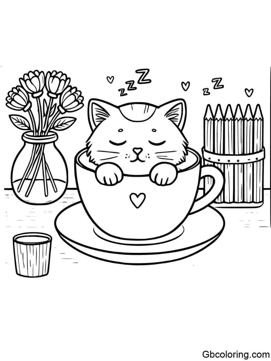 cat sleeping in a cup coloring pages