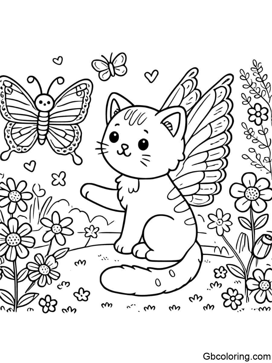 cat with wings playing with butterflies coloring pages