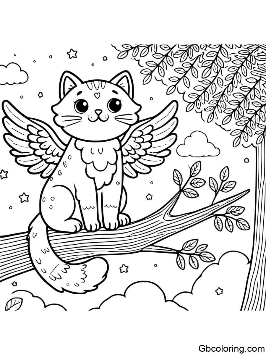 cat with wings sitting on a tree branch coloring pages
