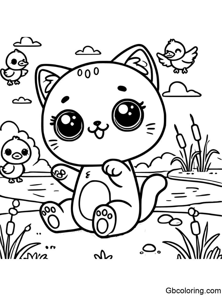 chibi cat by pond coloring pages