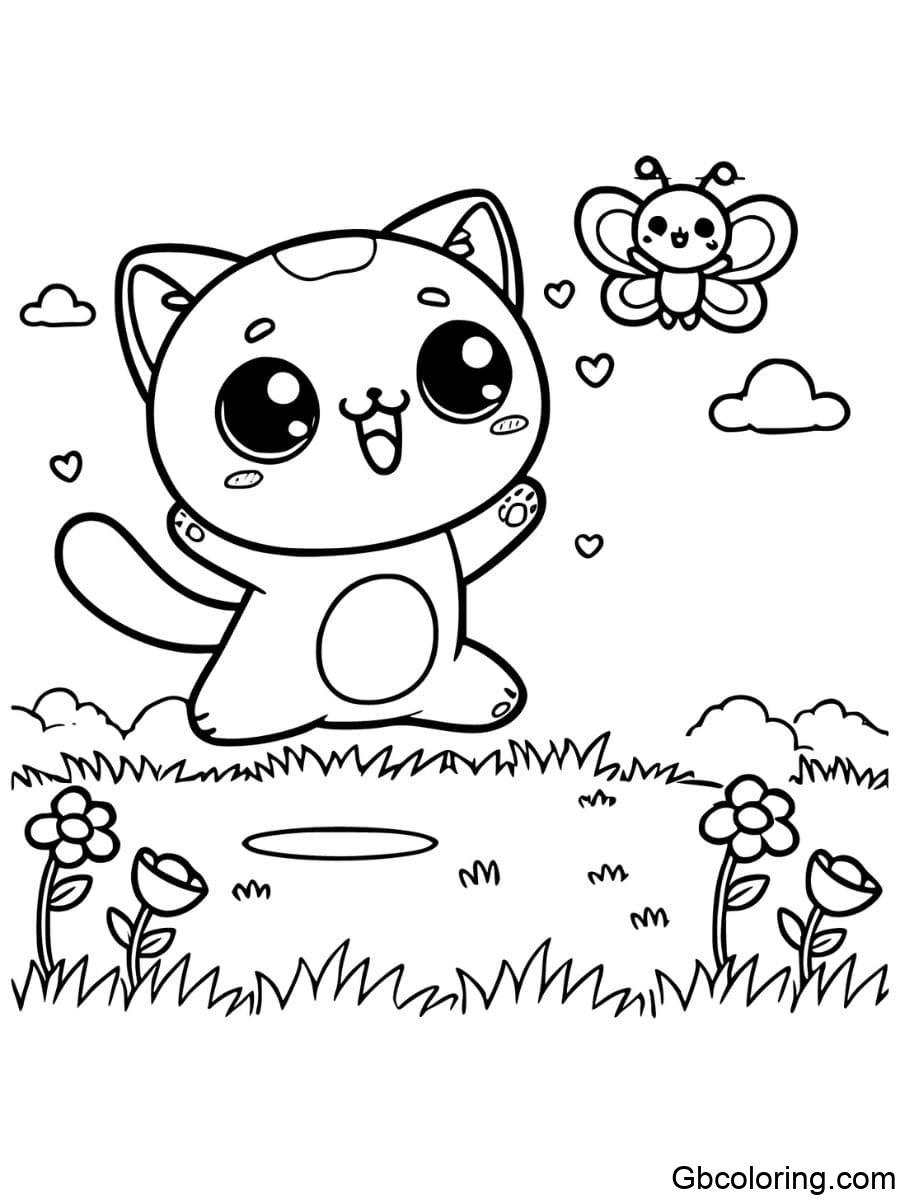 chibi cat jumping in field coloring pages