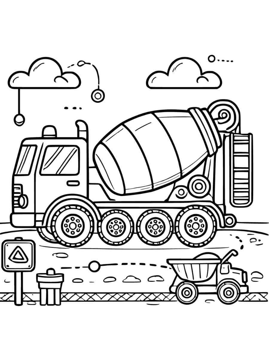 cement mixer truck at construction site construction coloring pages